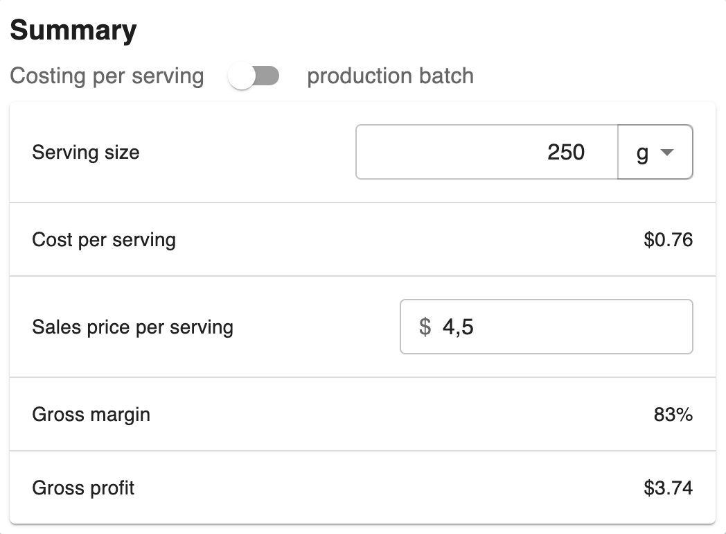 dashboard feature costing summary